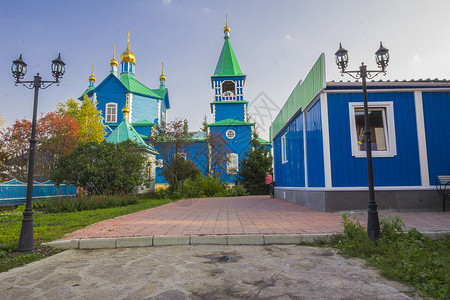 修道院宗教教会上帝穹顶蓝色大教堂寺庙旅游历史天空背景图片