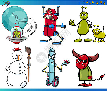 cartoonCartoon 幻想字符集雪人扫帚机器人故事漫画牛角恶魔飞碟吉祥物外星人插画