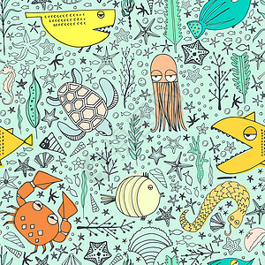 黑头鱼水下模式珊瑚草图鲨鱼手绘收藏藻类插图贝壳动物涂鸦插画