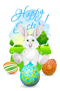 复活节兔子插图带景观 兔子和装饰鸡蛋的复活卡爬坡雏菊云景插图装饰品背景