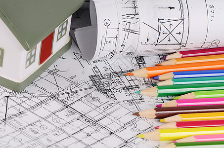 建有房屋模型的房屋项目草图住房铅笔玩具建造地面住宅图表建筑师工程背景图片