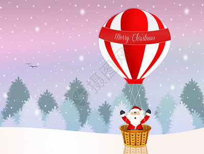 圣诞热气球圣诞老人在热气球上雪人景观闲暇庆典卡通片插图热气球明信片航班新年背景