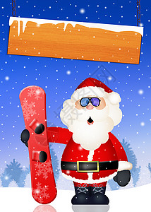 带雪板的圣诞老人庆典景观闲暇雪人雪花新年插图滑雪者明信片卡通片背景图片