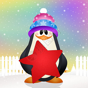 圣诞节的企鹅雪花插图景观卡通片明信片礼物闲暇新年庆典背景图片