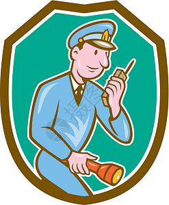 警用火炬无线电盾盾牌卡通插图男人男性安全警卫收音机警官卡通片波峰执法背景图片