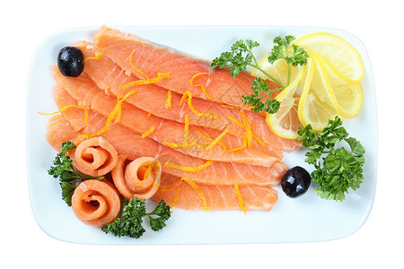 切片鲑鱼红色小吃早餐白色矩形美食香菜食物水平营养高清图片