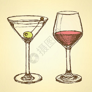 鸡尾酒美素材陈年风格的马丁尼和葡萄酒杯插画