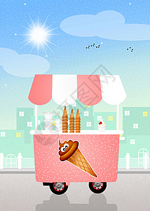 冰淇淋霜车摊位市场插图季节食物冰淇淋车巧克力孩子们快乐微笑背景