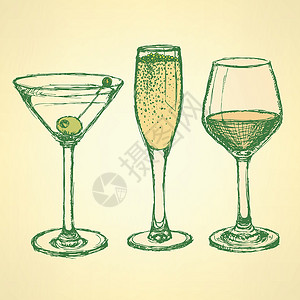 鸡尾酒美素材松木马提尼 香槟和葡萄酒杯插画