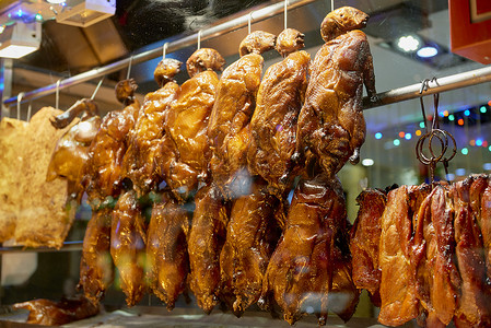 中华餐馆街道食物鸭子展示橱窗背景图片