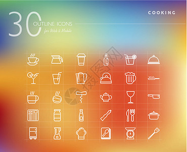烹饪和食品大纲图标集厨房酒吧用具厨师界面杯子勺子面包插图玻璃餐厅高清图片素材