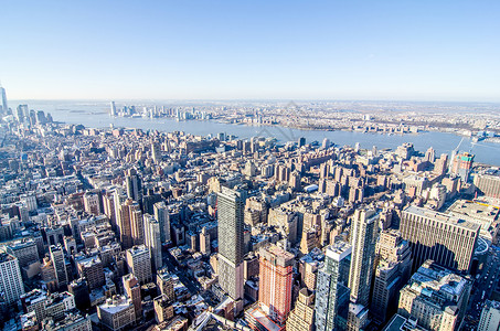 曼哈顿新纽约市地标全景摩天大楼天线阁楼天际城市日落建筑办公室帝国大厦高清图片素材