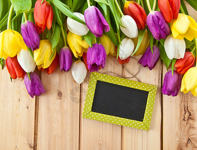 春天的多彩郁金香礼物花朵木头黑板红色生日乡村情人水平圆点背景图片