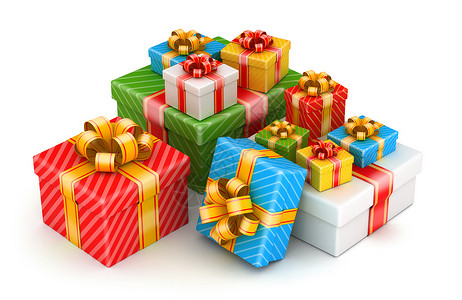 彩色礼品盒生日盒子蓝色黄色丝带圣诞礼物条纹绿色白色红色背景图片