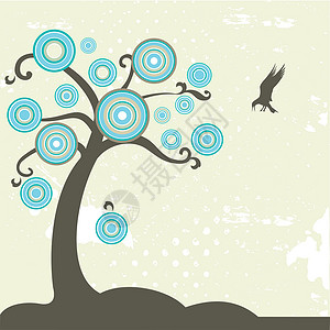与鸟儿一起的幻想树卡通片插图叶子互联网横幅线条飞行彩虹网络圆圈背景图片