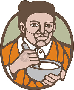 粥底火锅古老的烹饪混合碗里诺卡特祖母女性厨师油毡块食物插图艺术品面包师椭圆形勺子插画