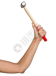 女性手握锤头职业金属弯曲手臂硬件锤子弯头维修工具乐器背景图片