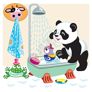 浴室里的卡通熊猫童年高清图片素材