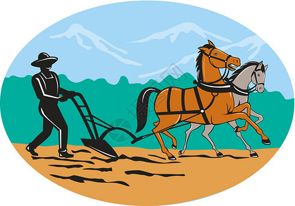农民和马匹耕种田地卡通背景图片