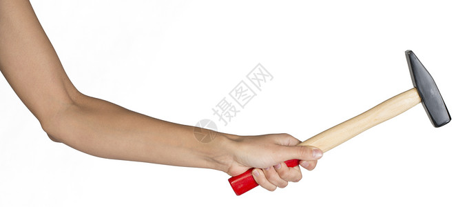 女性手握锤头职业硬件金属手臂锤子水平乐器维修工具背景图片