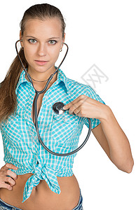 女性使用听诊器自己长度裁剪保健衬衫呼吸照片工作室卫生背景图片