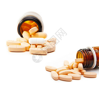 塑料罐中药丸的超视光     孤立药品制药治疗药片塑料圆形白色药物背景图片