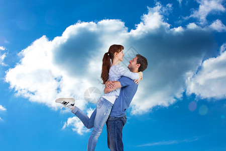 情侣相互拥抱的复合图像Name感情男性太阳多云天空绘图男人蓝色亲热数字数字生成高清图片素材