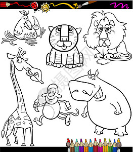 言猴动物设置卡通彩色本狮子教育绘画微笑香蕉染色幼儿园老虎异国情调设计图片