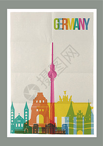 世界标志性建筑德国旅行标志性地标的天线古年挂图海报插画