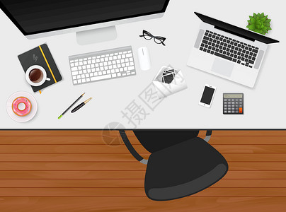 小杏仁饼带有孤立物体的工作场所场景桌子电脑教科书笔记办公室眼镜信封商业职场设计图片