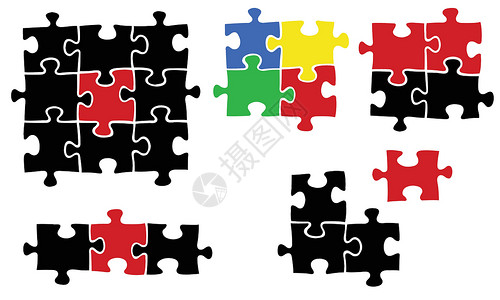 谜题拼图黄色插图挑战玩具红色蓝色建造白色黑色绿色背景图片
