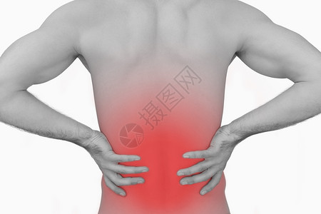 后脑部背痛的肌肉人的近视辉光躯干卫生疼痛男性背部膀子身体保健红色背景图片