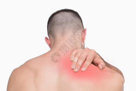 看见无衣男子颈部疼痛的近视红色辉光肩膀按摩膀子脖子背痛压力身体男性背景图片