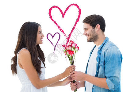 喜悦的潮人给女朋友送玫瑰的复合形象混血礼物花朵绘图棕色长发微笑牛仔布计算机毡帽计算机绘图高清图片素材
