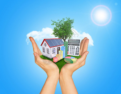 树透明图素材手握着绿草和房屋在地面上 本底是站立的树和云房子图表太阳能板门把手计算器叶子饼形山墙树叶绿色背景