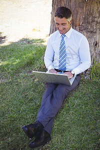 在公园使用笔记本电脑的商务人士绿色快乐阳光太阳商务绿地技术男性公司倾斜背景图片