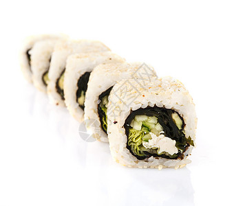 寿司卷产品美食芝麻白色黄瓜寿司海藻文化小吃午餐背景图片