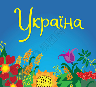 以传统的乌克兰语风格进行插图植物红色叶子乡村手工玫瑰天空绘画小麦花朵背景图片