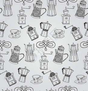 虹吸壶咖啡无缝无缝模式草图菜单边界织物咖啡店装饰品漩涡收藏黑色茶壶设计图片