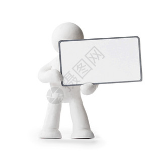 持有标志牌的可塑人黏土空白推介会横幅白色卡片商业广告橡皮泥摄影背景图片