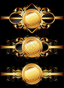 金色黑色背景一套装饰性金色标签奢华风格装饰黑色强光插图曲线卷曲阴影框架插画