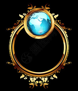 带有星形框架的世界地球插图土地金子蓝色标签地理行星纹章圆圈背景图片