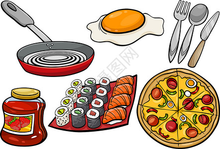 握寿司厨房和食物物品卡通漫画插画