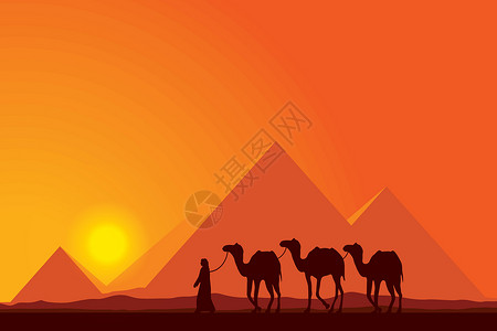 东方金字塔埃及伟大的金字塔和日落背景的骆驼大篷车旅行棕榈废墟地平线历史插图沙丘太阳绿洲天空插画