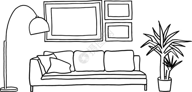 黑白沙发沙发和空白图片框 矢量模拟植物绘画家具地面艺术照片嘲笑休息室长椅枕头插画
