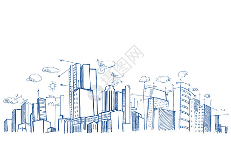 手绘城市建筑城市规划建筑箭头摩天大楼景观手绘建筑学建筑师城市背景