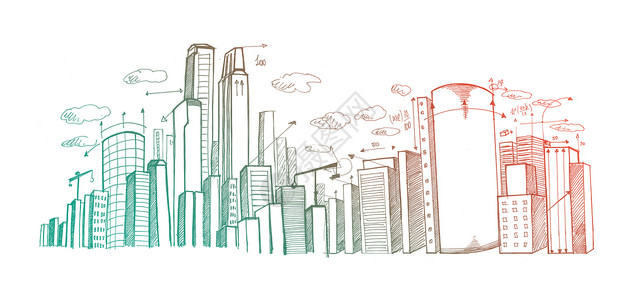 城市规划手绘建筑学景观建筑城市箭头摩天大楼建筑师背景图片