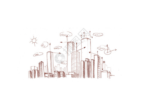 手绘城市建筑城市规划摩天大楼建筑学景观城市建筑建筑师手绘箭头背景