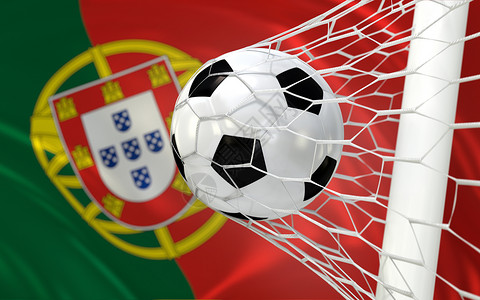 葡萄牙足球葡萄牙在目标网中挥舞旗帜和足球球背景