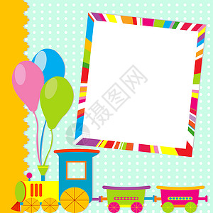 彩色气球贺卡带照片框和卡通火车的贺卡背景